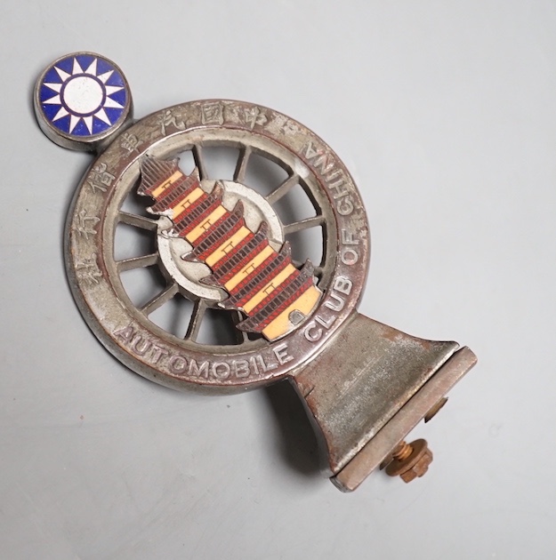 A rare 1920s Automobile Club of China member’s car badge, no.172, mascot mount, 13 cms high.